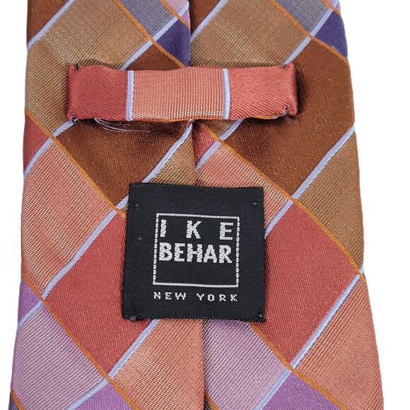Ike Behar Mens Tie Rust Purple Blue Tan Check Woven Silk Necktie Dressy Career - Picture 4 of 7